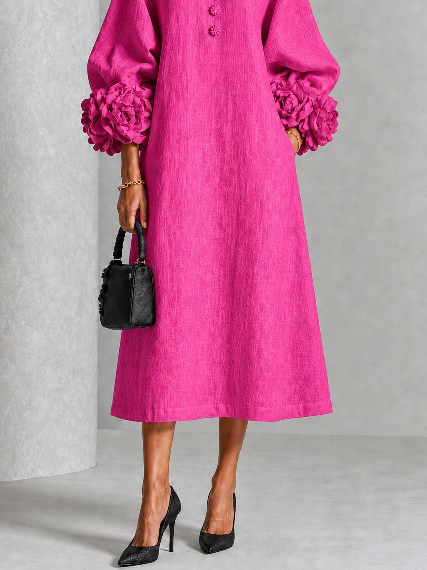 Fuchsia Floral Button-down Midi Dress With Striking Floral Cuffs