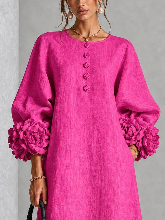 Fuchsia Floral Button-down Midi Dress With Striking Floral Cuffs