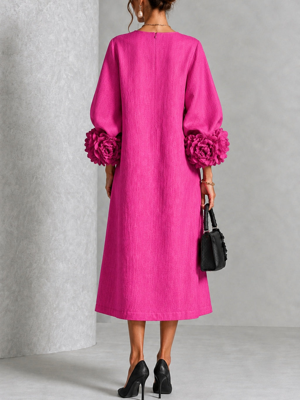 Fuchsia Floral Button-down Midi Dress With Striking Floral Cuffs