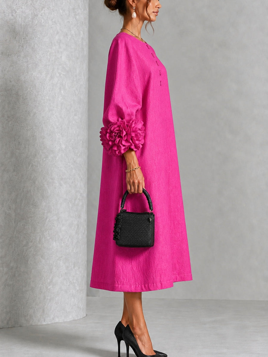 Fuchsia Floral Button-down Midi Dress With Striking Floral Cuffs