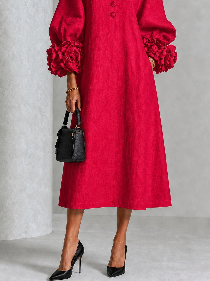 Ruby Red Floral Button-down Midi Dress With Striking Floral Cuffs