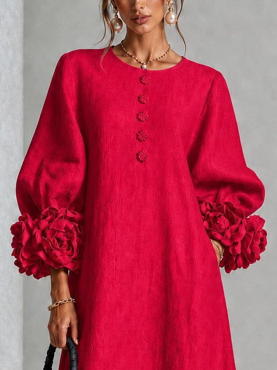 Ruby Red Floral Button-down Midi Dress With Striking Floral Cuffs