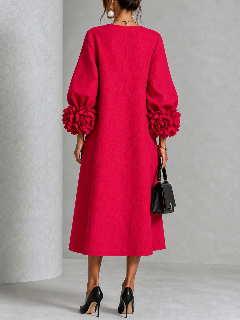 Ruby Red Floral Button-down Midi Dress With Striking Floral Cuffs