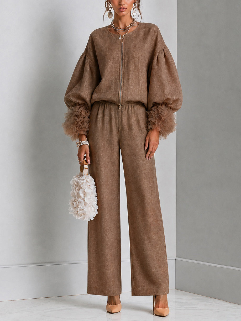 Brown Front-zip Top With Ruffled Cuffs And Wide-leg Pants Set