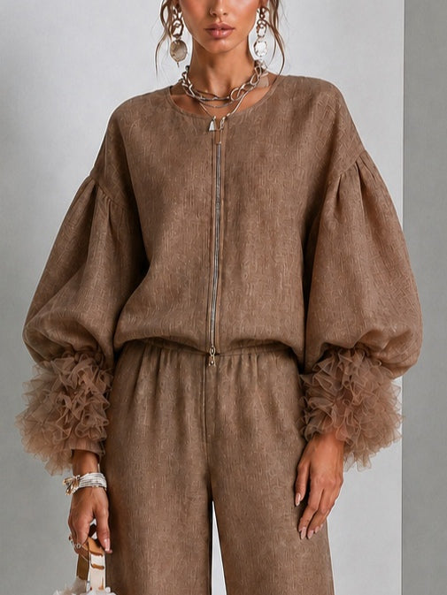 Brown Front-zip Top With Ruffled Cuffs And Wide-leg Pants Set