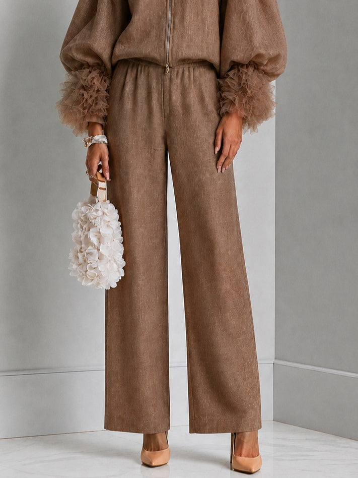 Brown Front-zip Top With Ruffled Cuffs And Wide-leg Pants Set
