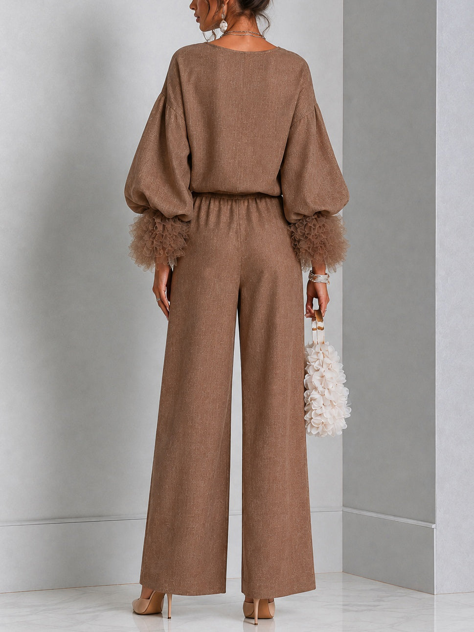Brown Front-zip Top With Ruffled Cuffs And Wide-leg Pants Set
