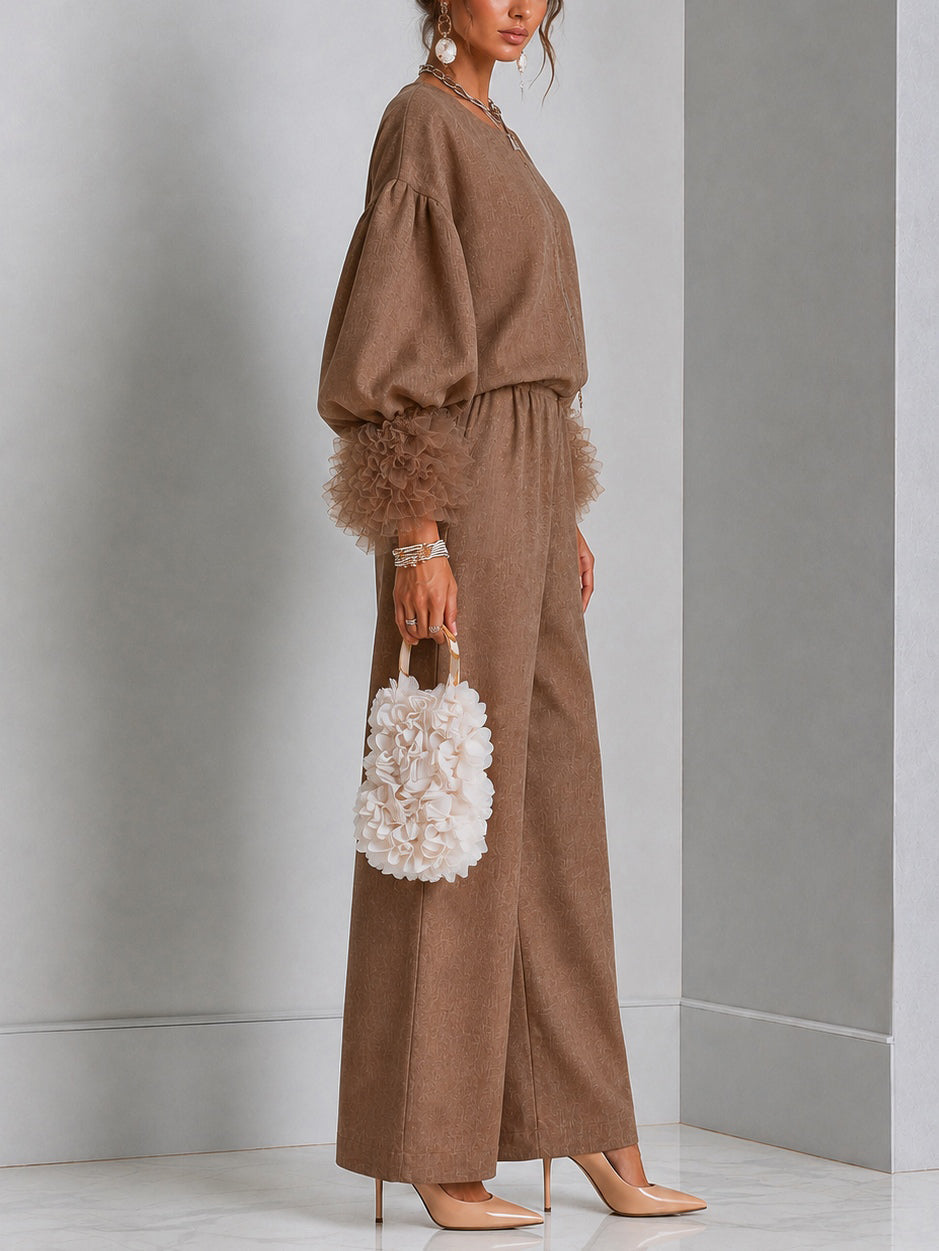 Brown Front-zip Top With Ruffled Cuffs And Wide-leg Pants Set