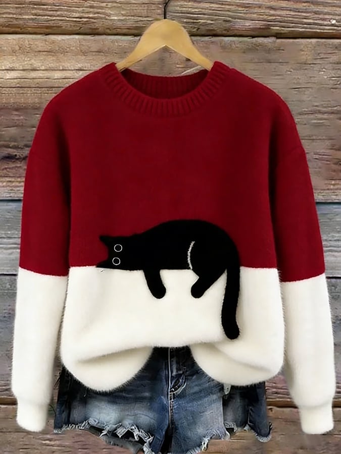 Aileen™ | Elegant Cat Print Oversized Sweater | Red