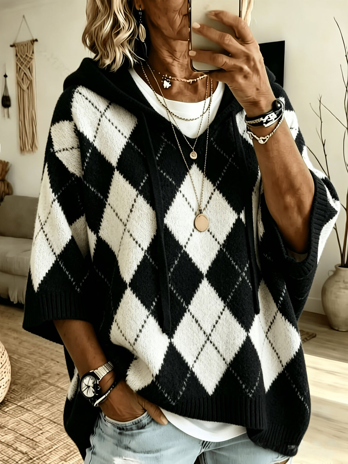 Judith™ | Retro Diamond Hooded Sweater