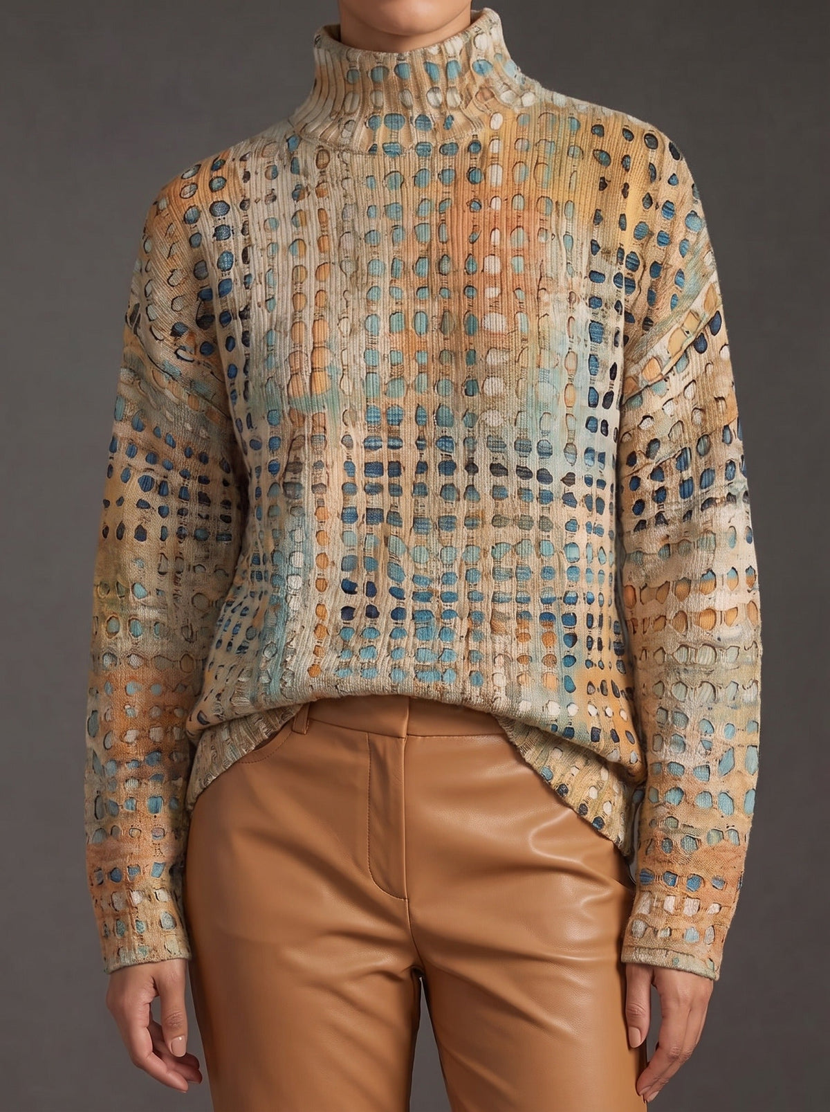 Adaline Lattice Turtleneck Sweater - Sand Ochre
