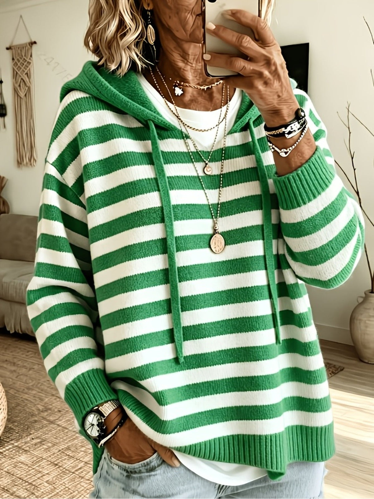Raphaela™ | Striped Batwing Hooded Sweater