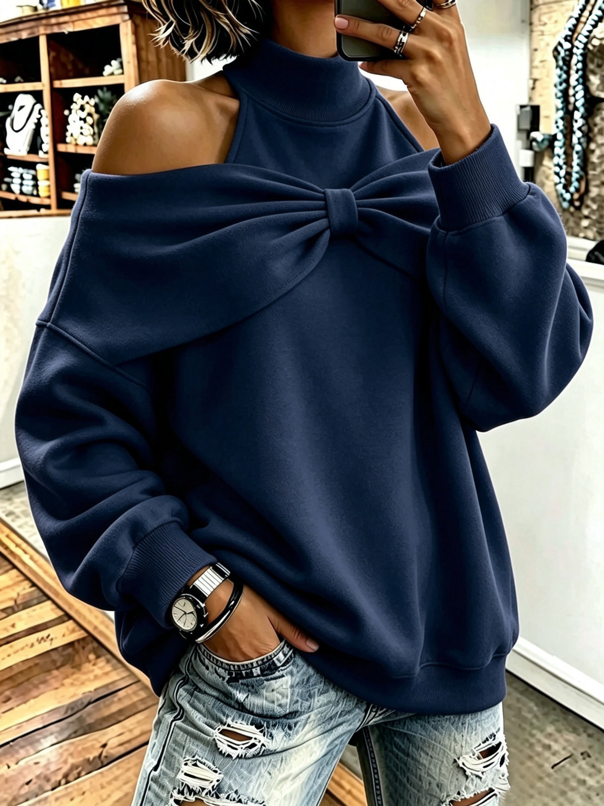 Skylar Bow-Accent Off-Shoulder Sweatshirt - side