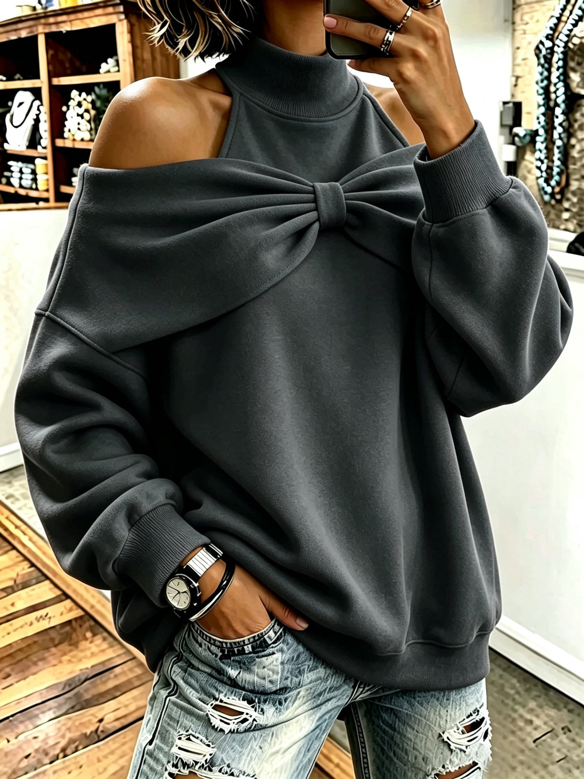 Skylar Bow-Accent Off-Shoulder Sweatshirt - styled