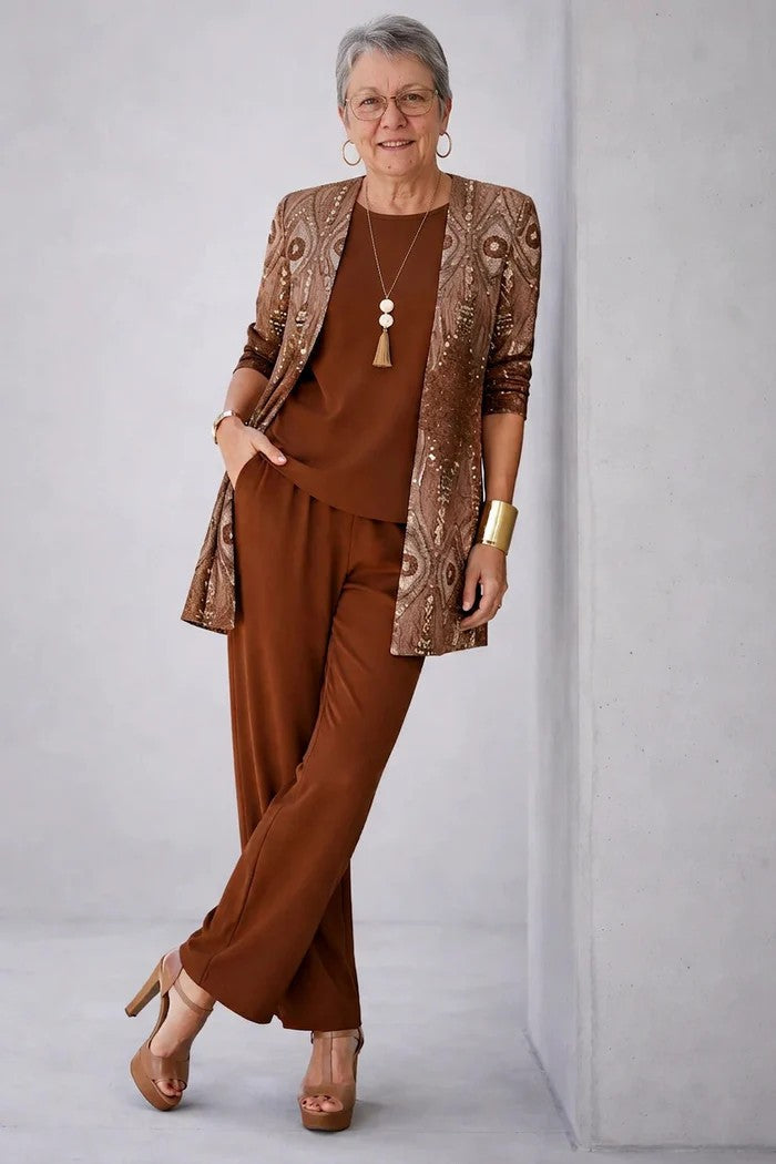 Carmen™ | Elegant 3-Piece Set with Long Cardigan and Trousers | Burgundy
