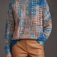Adaline Lattice Turtleneck Sweater - Indigo Beige