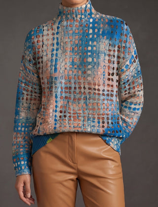 Adaline Lattice Turtleneck Sweater - Indigo Beige