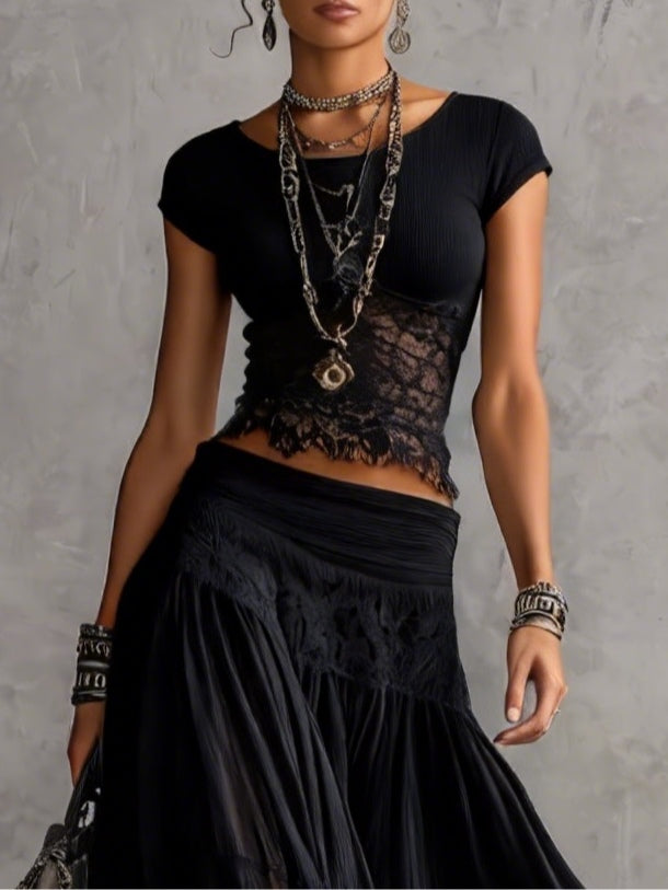 Sheer Black Lace Top and Pleated Maxi Skirt Set