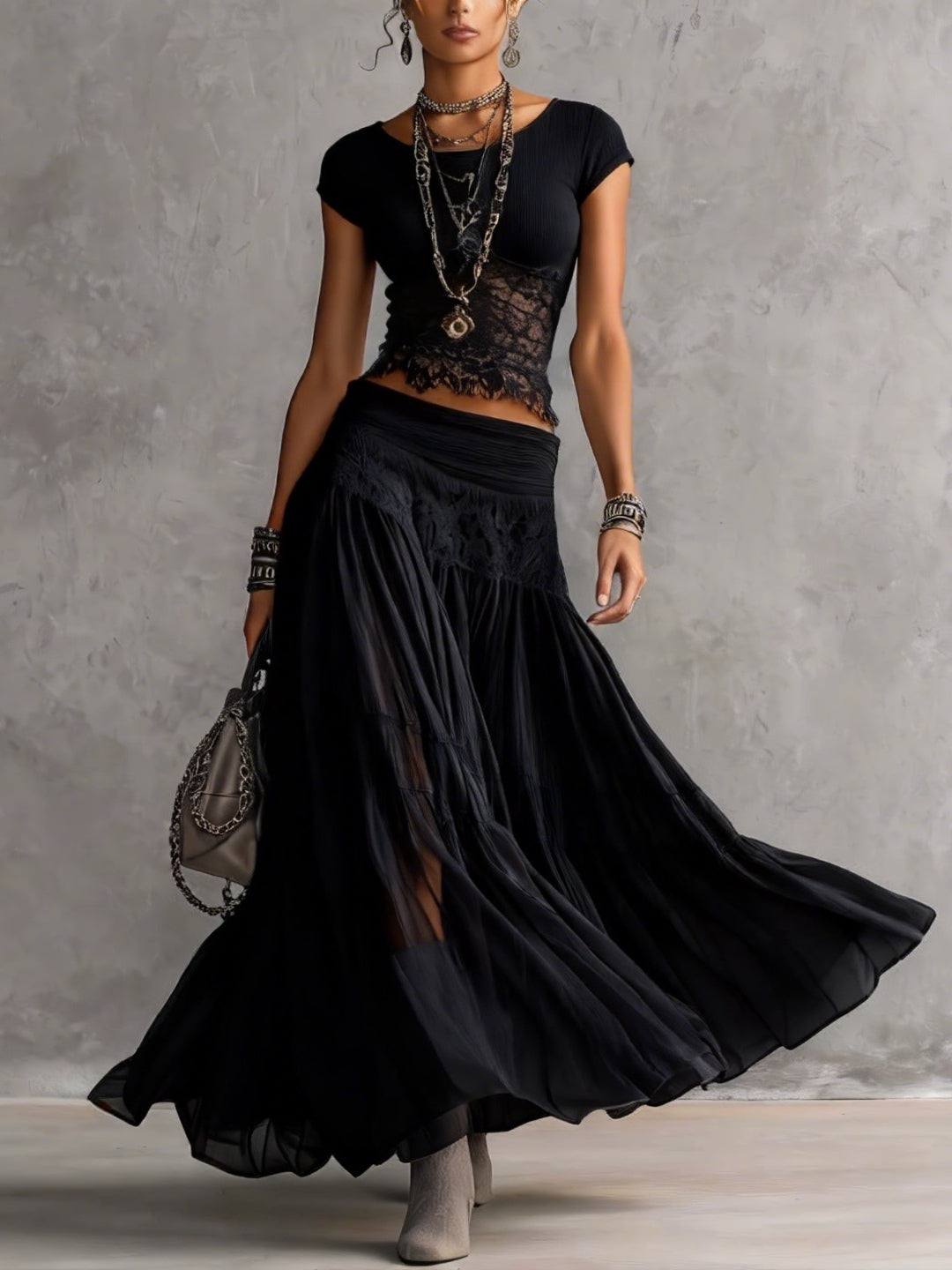 Sheer Black Lace Top and Pleated Maxi Skirt Set