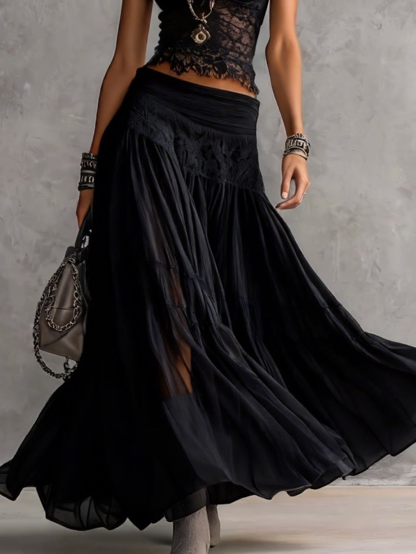 Sheer Black Lace Top and Pleated Maxi Skirt Set