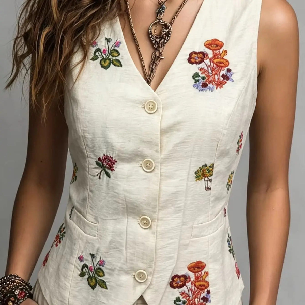 Gladys | Linen Vest with Unique Embroidery