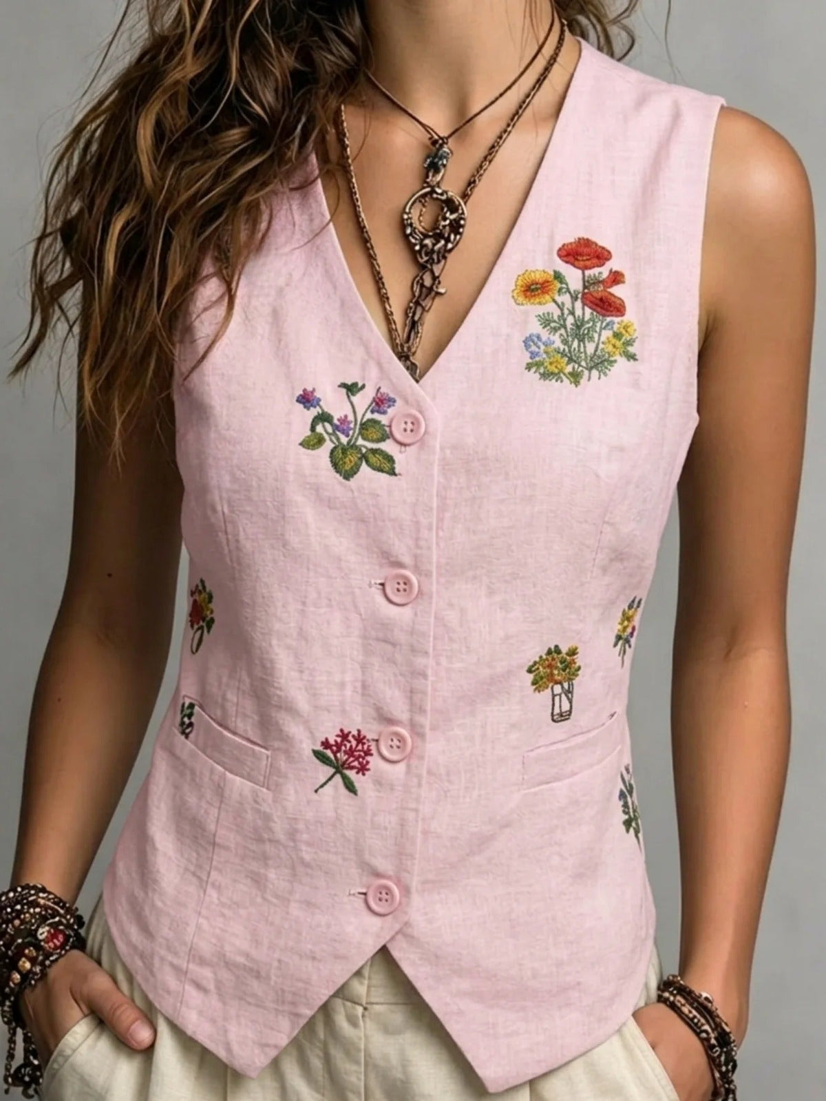Gladys | Linen Vest with Unique Embroidery