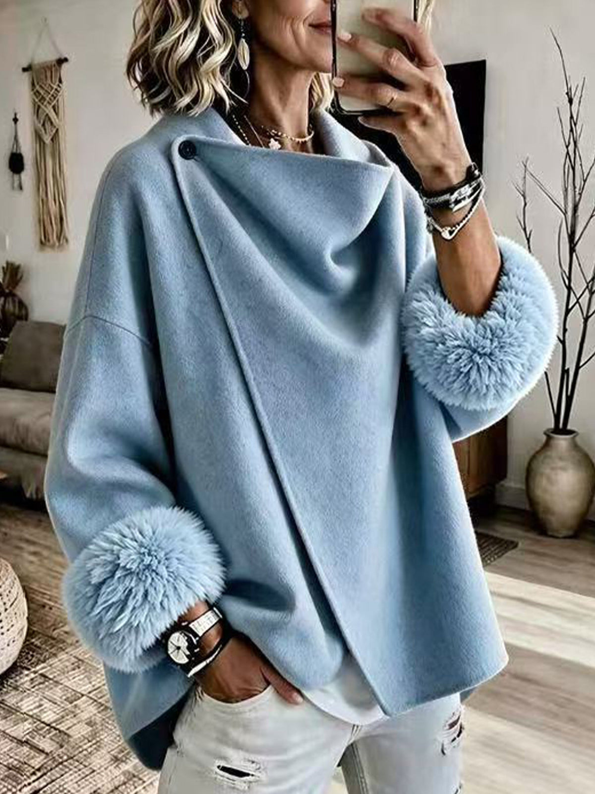 Odessa faux fur cuff wool-blend wrap jacket, front view
