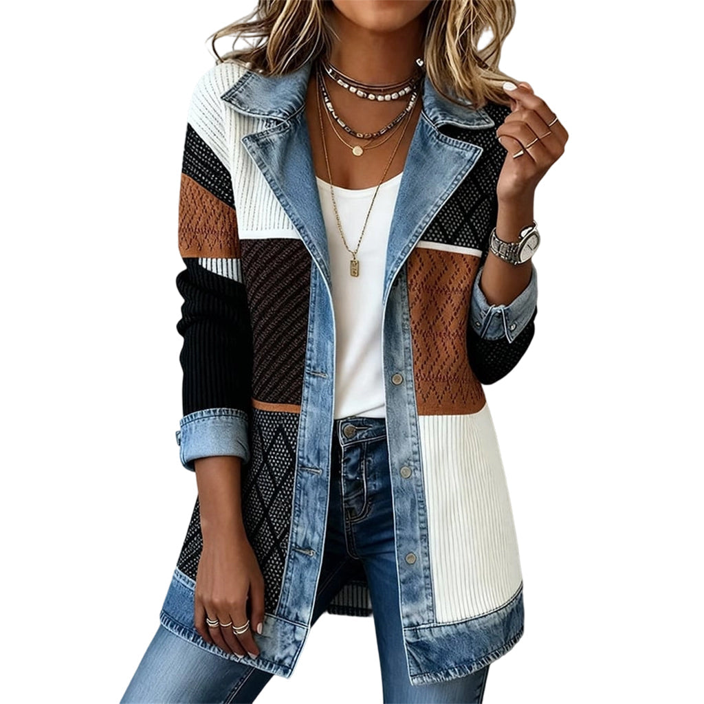 Odette™ | Ribbed Knit Coat with Denim Panels