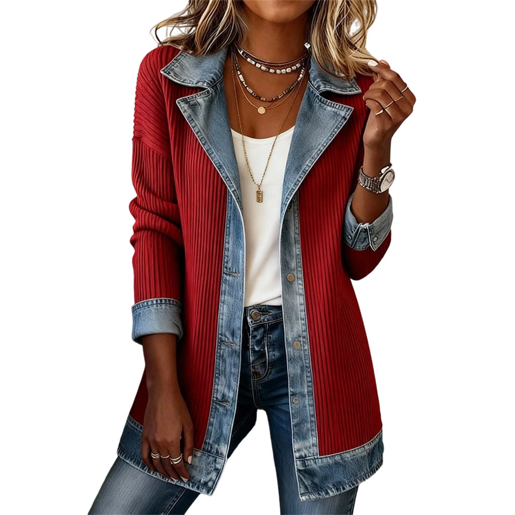 Odette™ | Ribbed Knit Coat with Denim Panels