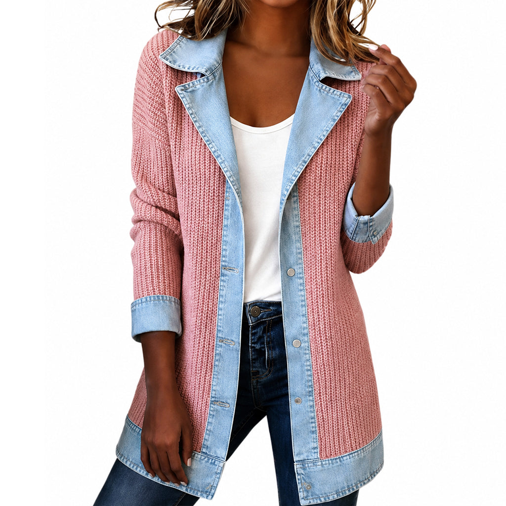 Odette™ | Ribbed Knit Coat with Denim Panels