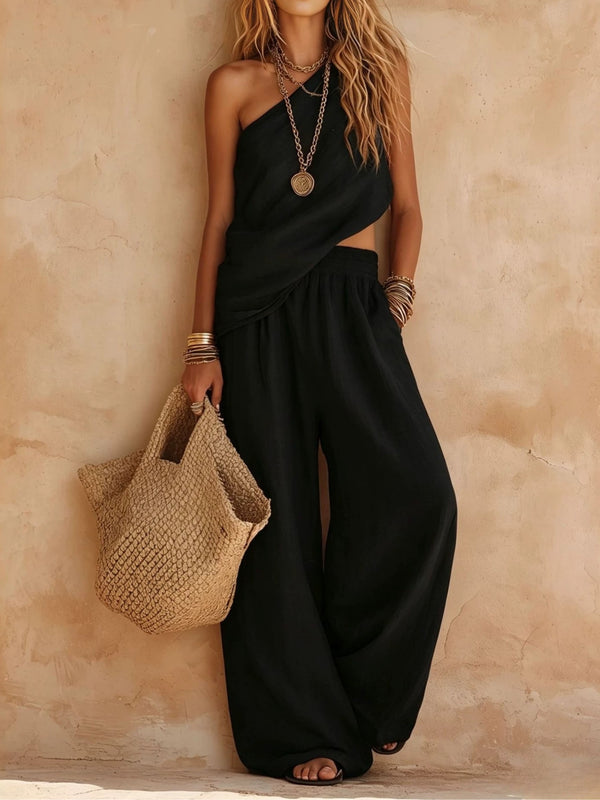 Casual Pink One-Shoulder Sleeveless Top and Pants Set
