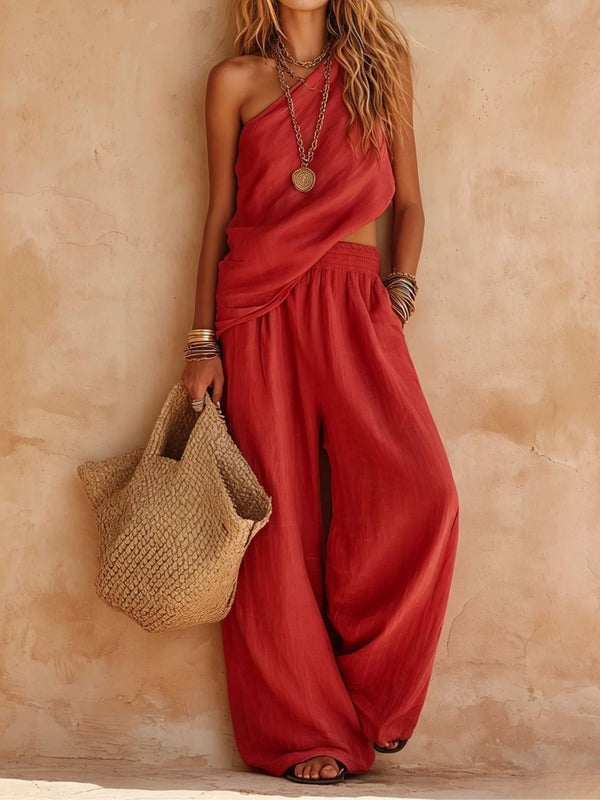 Casual Pink One-Shoulder Sleeveless Top and Pants Set