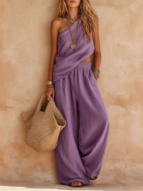 Casual Pink One-Shoulder Sleeveless Top and Pants Set