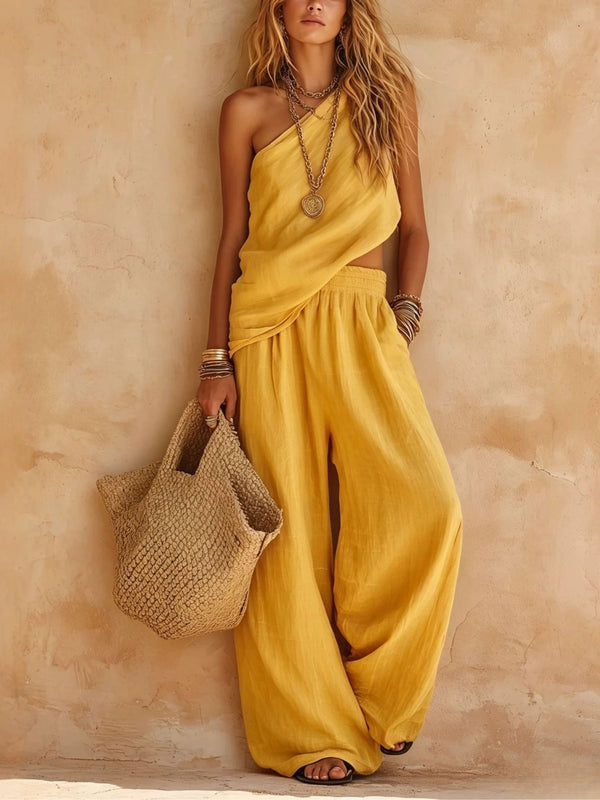 Casual Pink One-Shoulder Sleeveless Top and Pants Set