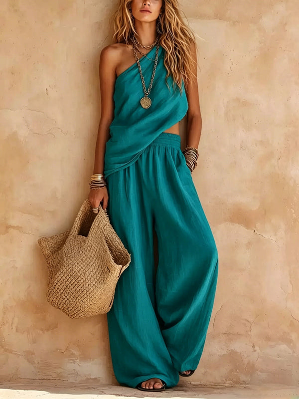 Casual Pink One-Shoulder Sleeveless Top and Pants Set